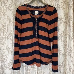 Anthropologie 9-H15 STCL Women’s Navy/Coral Stripe Floral Shirt Top - Sz M
